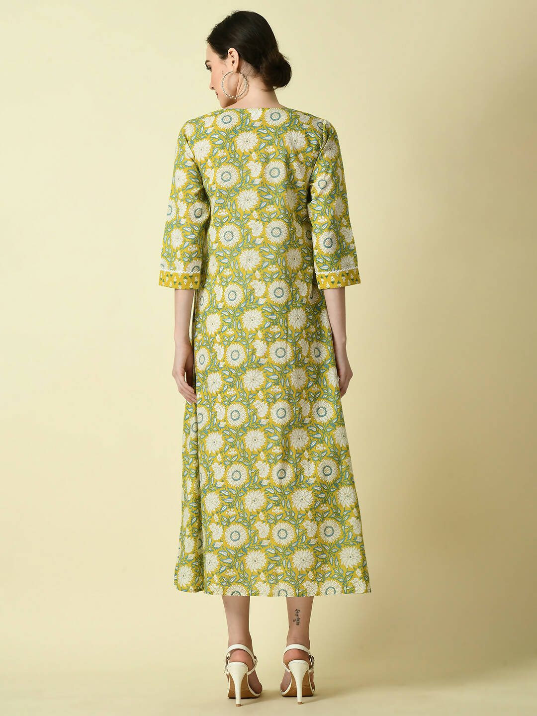 Myshka Women's Yellow Floral Printed Gown Dress