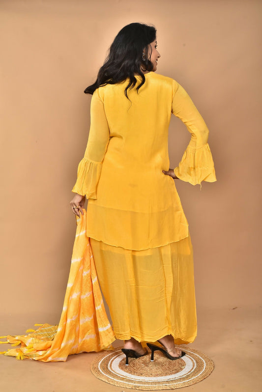 Morchari Women And Hand Embroidery Palazzo Set-Yellow 