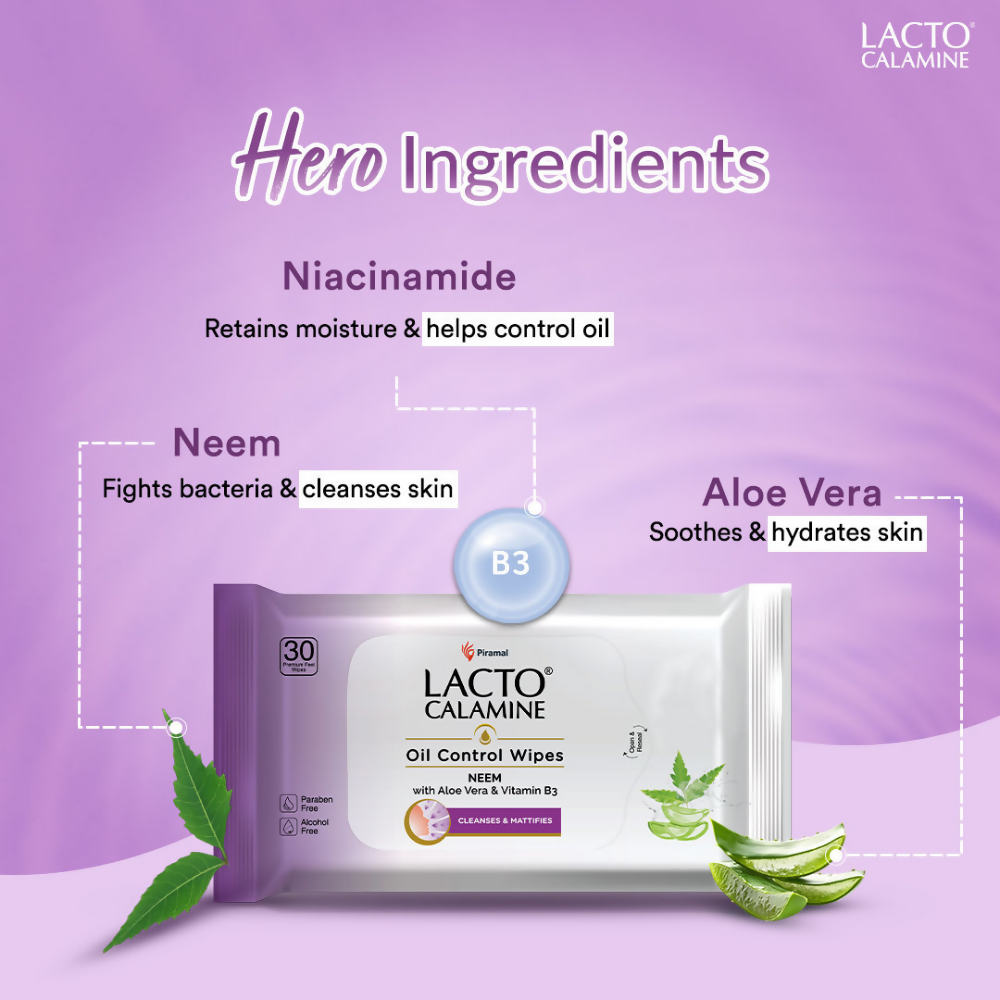 Lacto Calamine Oil Control Face Wipes, Makeup Remover Wipes With Neem & Aloe 30 Usable Wipes 