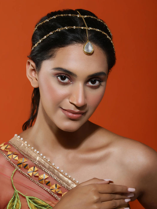 Gold-Plated White Faux Kundan-Studded Faux Pearl Beaded Handcrafted Matha Patti - Ruby Raang - Grab2buy