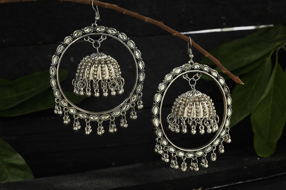 Mominos Fashion Johar Kamal Silver Earrings With Kundan Work Jhumkas - Grab2buy
