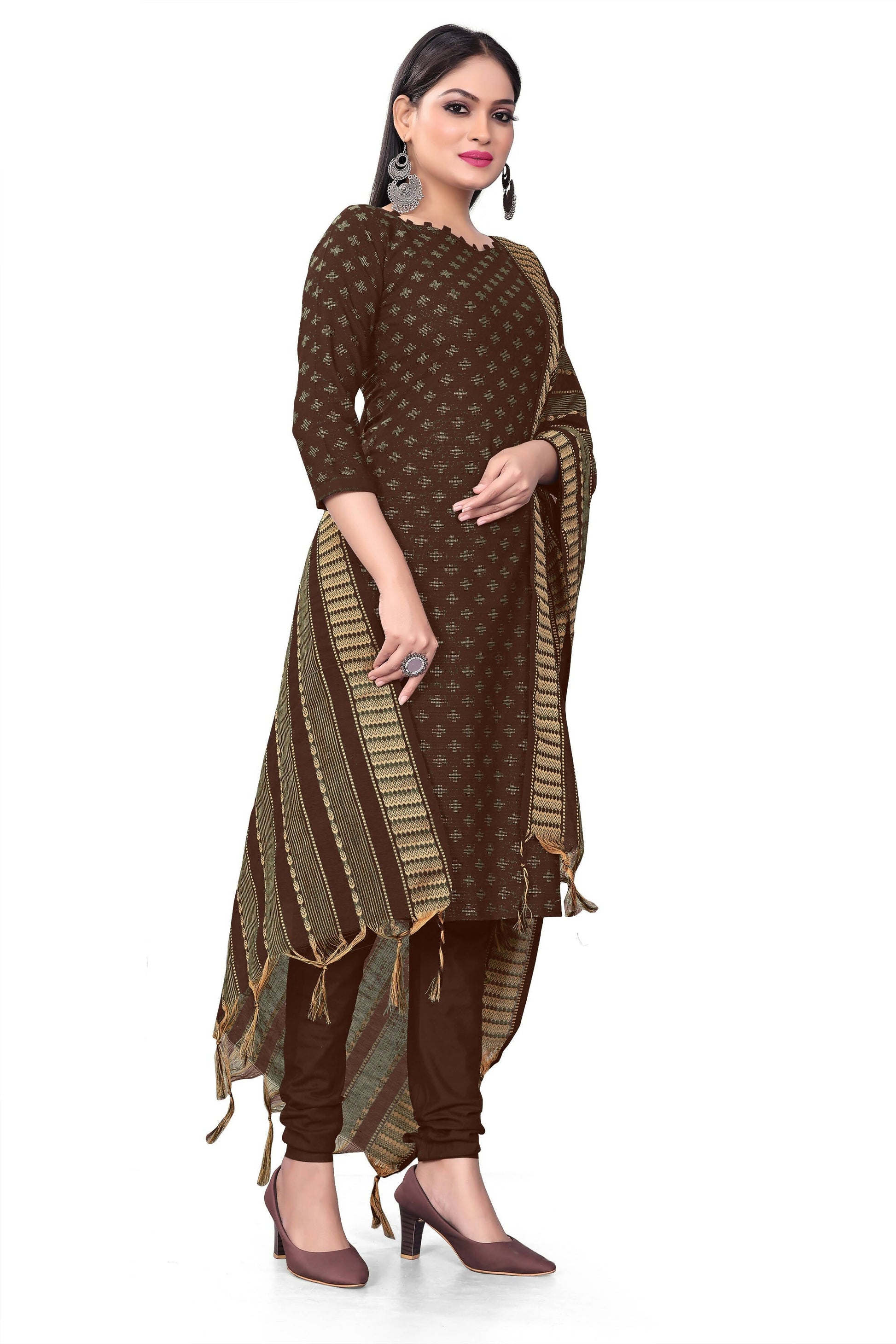 Brown Cotton Jacquard Woven Unstitched Dress Material - Amara