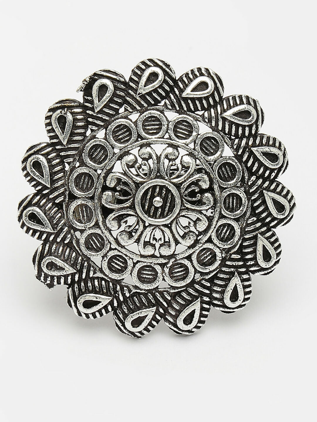 NVR Women's Silver-Toned Floral Shape Adjustable Finger Ring 