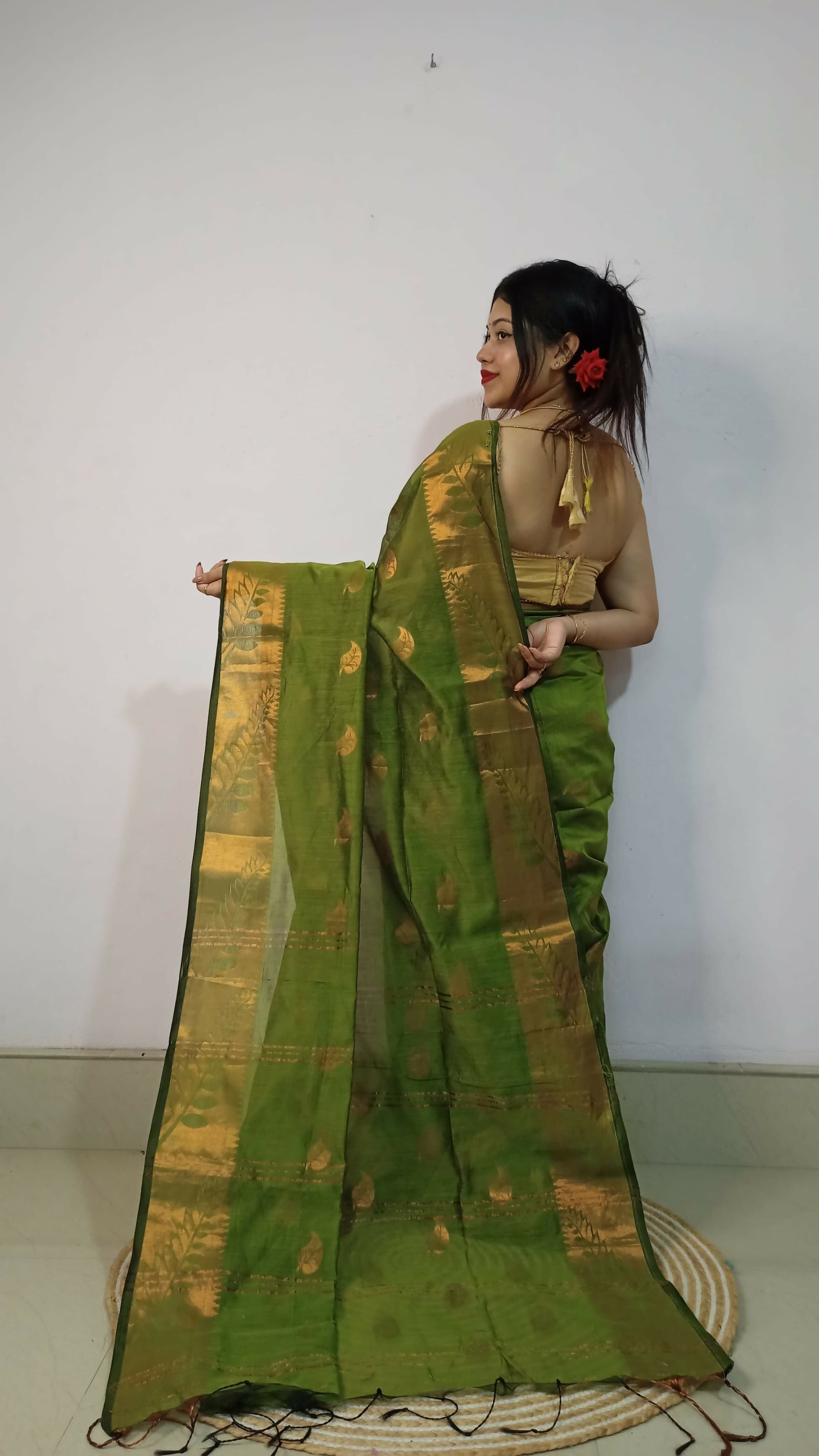 Exclusive Collection Beautiful Olive Green Cotton Silk Woven Handloom Grab2Buy With Running Blouse Piece 
