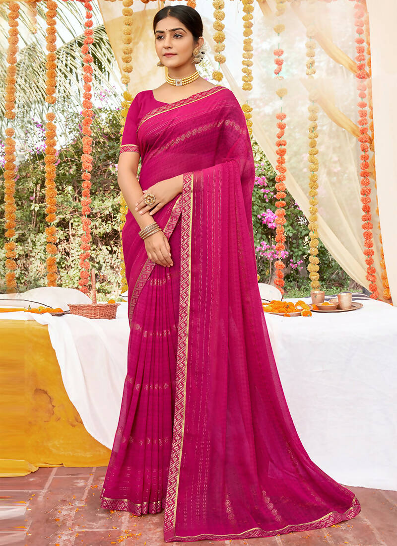 Pink Georgette Foil Printed Saree with Unstitched Blouse Piece - Avika