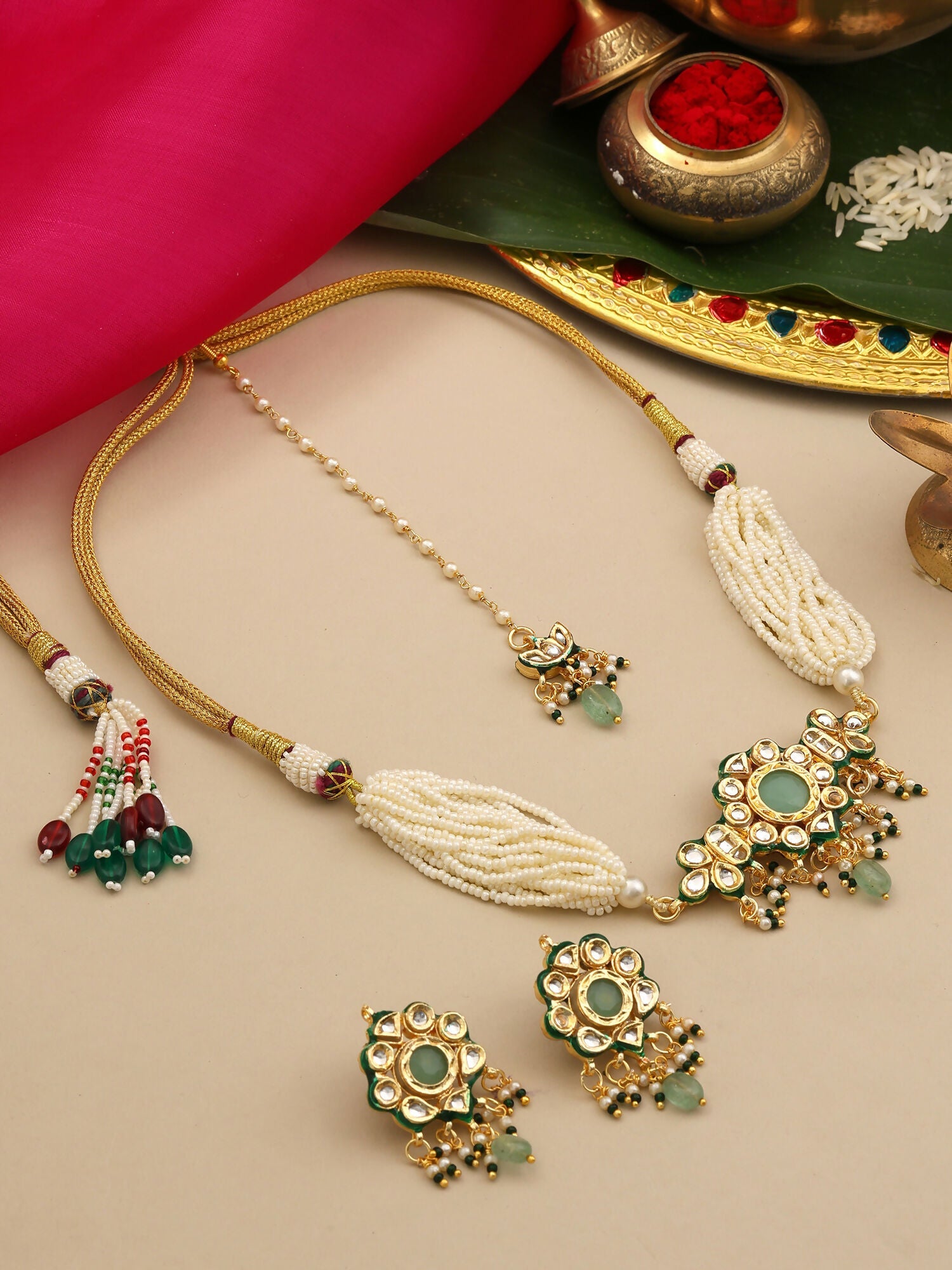 Ruby Raang Green-Gold Kundan Neck Piece With Matching Earrings And Maang Tikka