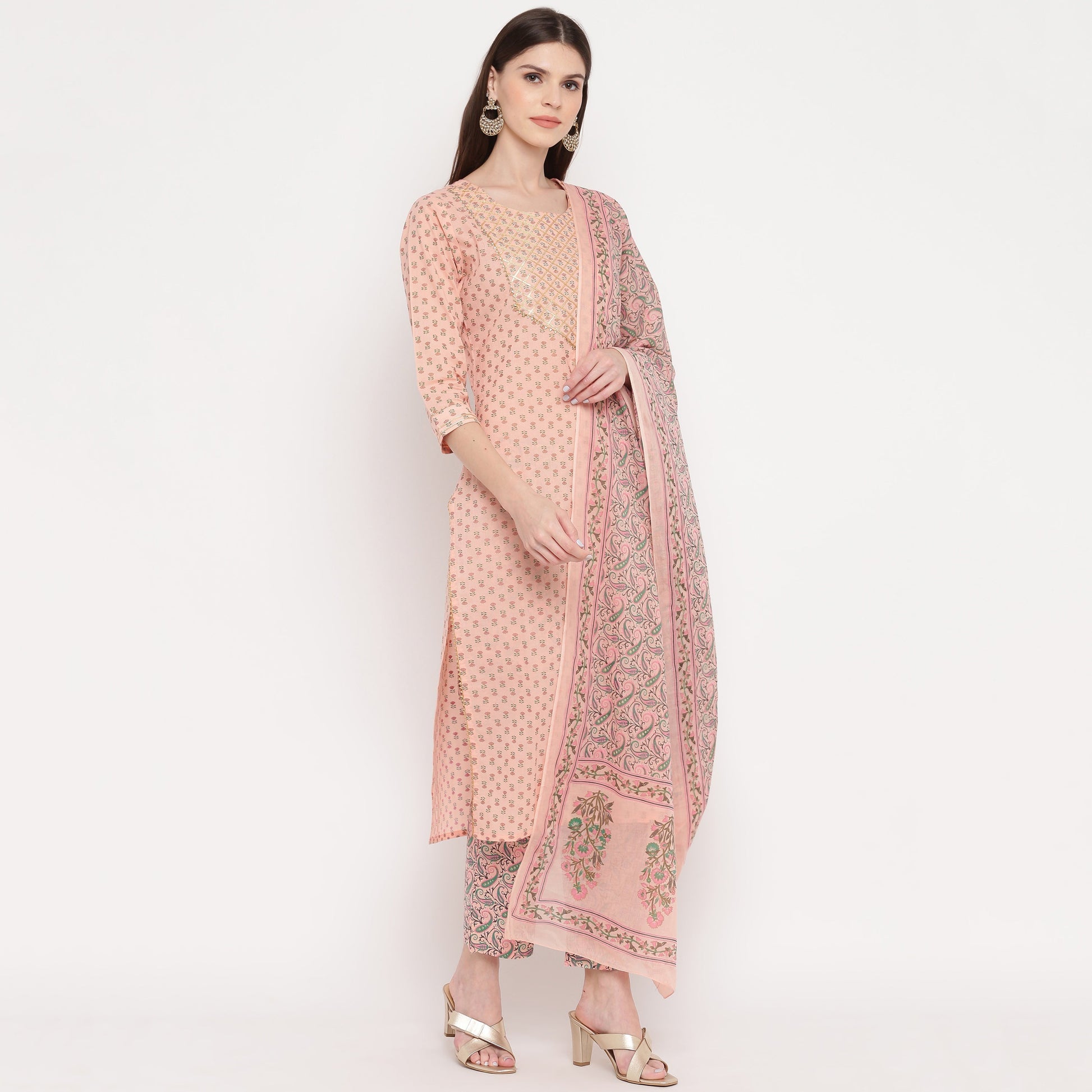 NOZ2TOZ Women's Foil Print & Gota Patti Work Straight Cotton Peach Kurta, Pant & Dupatta 