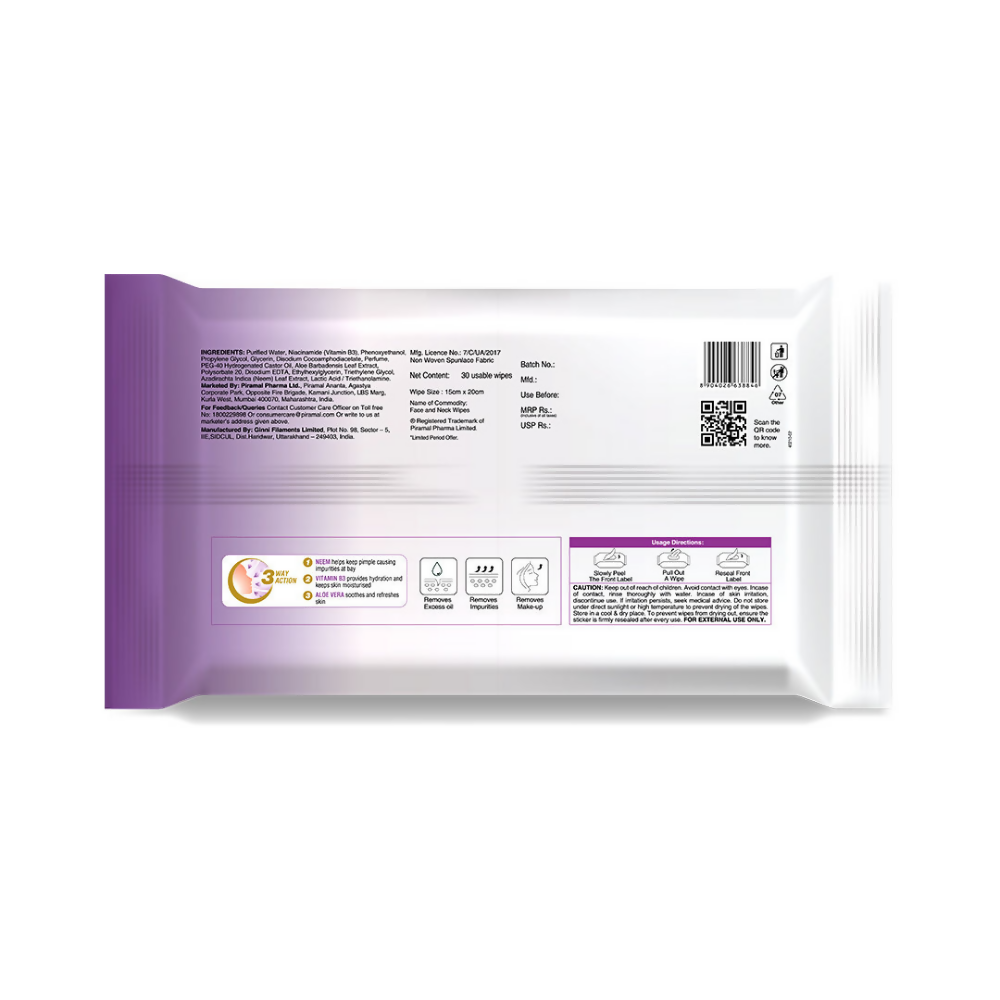 Lacto Calamine Oil Control Face Wipes, Makeup Remover Wipes With Neem & Aloe 30 Usable Wipes 