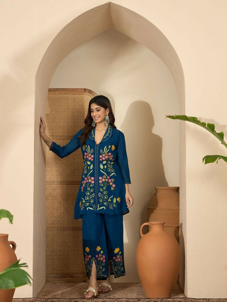 Joban Fashion Women Blue Roman Silk Embroidered Stitched Kurta Set