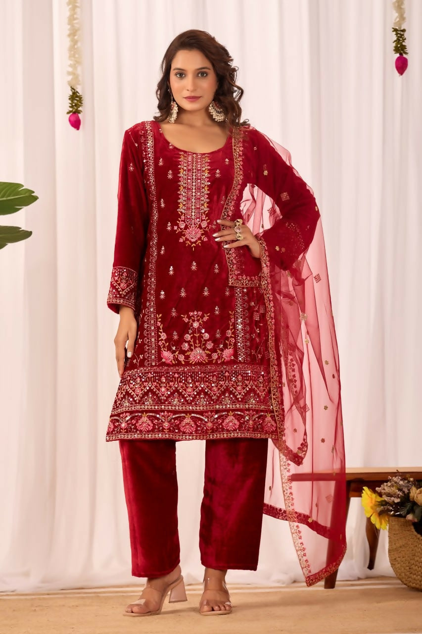 Teeya Creation Red Color Velvet Embroidery Work Wedding Wear Salwar Suit