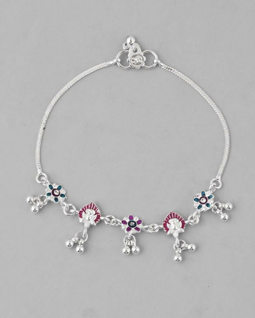 VOJ Set of 2 Silver Plated Designer Multi Color Anklet 