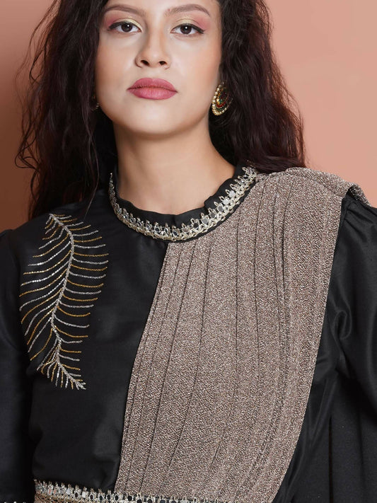 Women Republic Black Cotton Blended Set with Attached Drape - Grab2buy