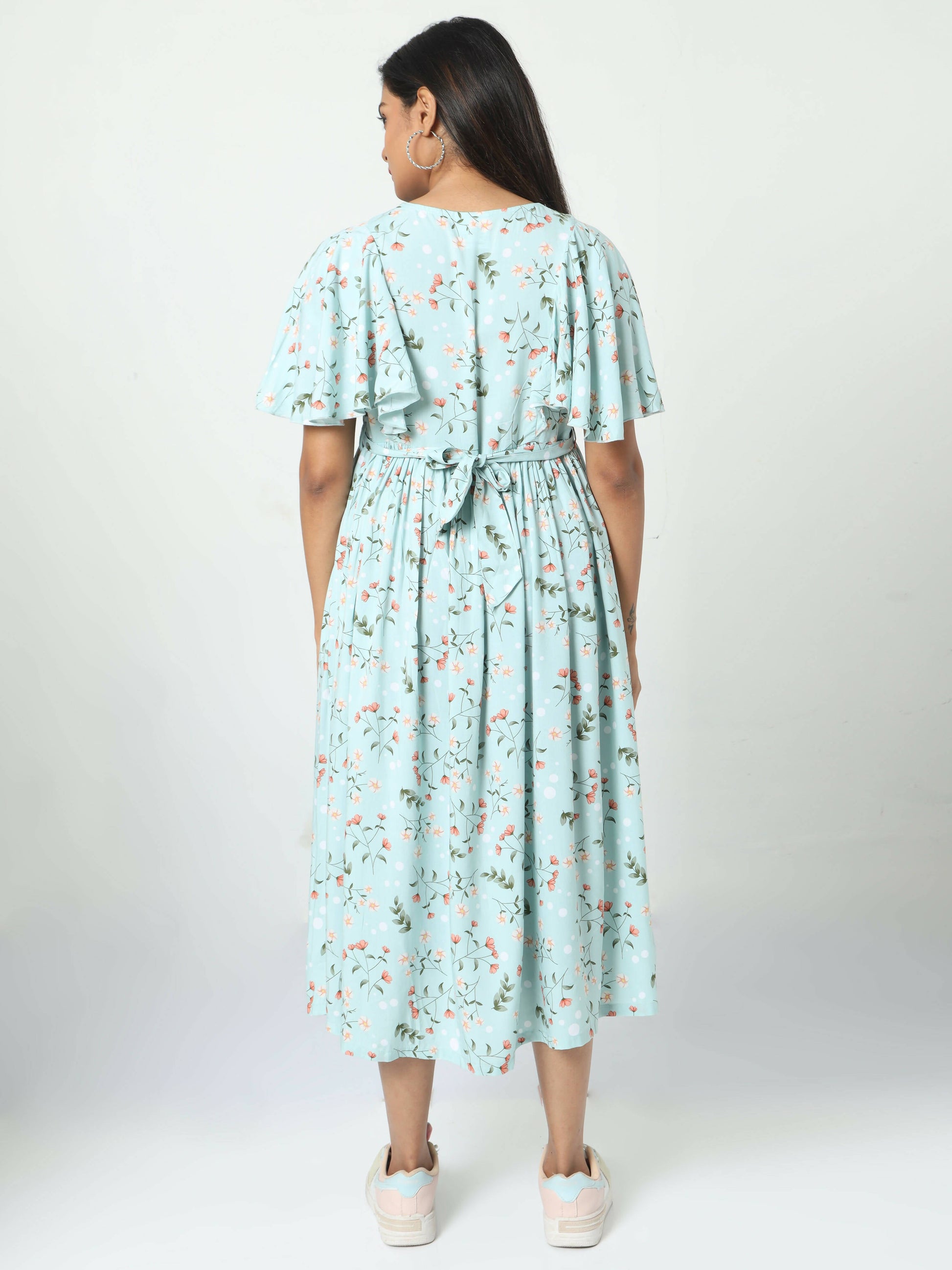 Manet Frill With Sleeve Maternity Dress Floral Print With Concealed Zipper Nursing Access - Green