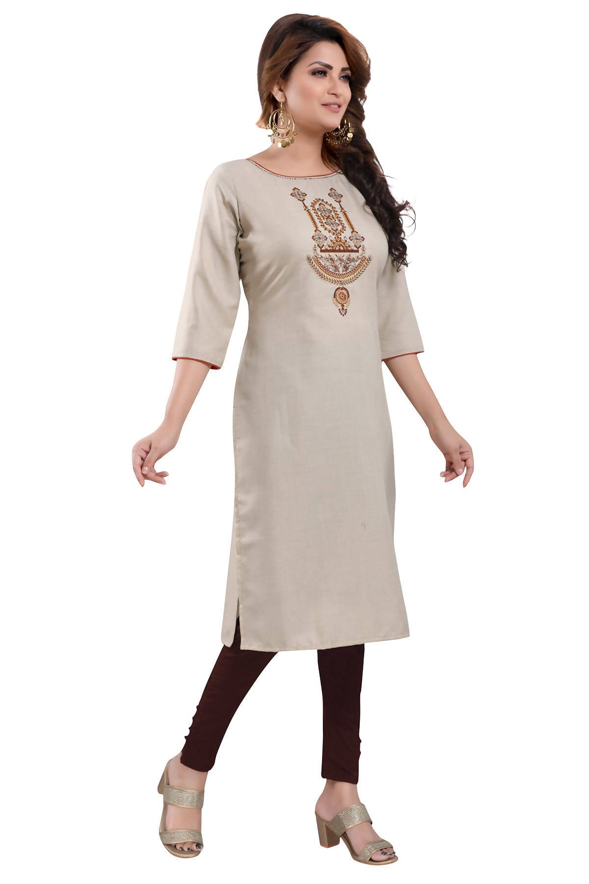 Snehal Creations Boastful Beige Color Casual Cotton Ladies Kurti With Embroidery