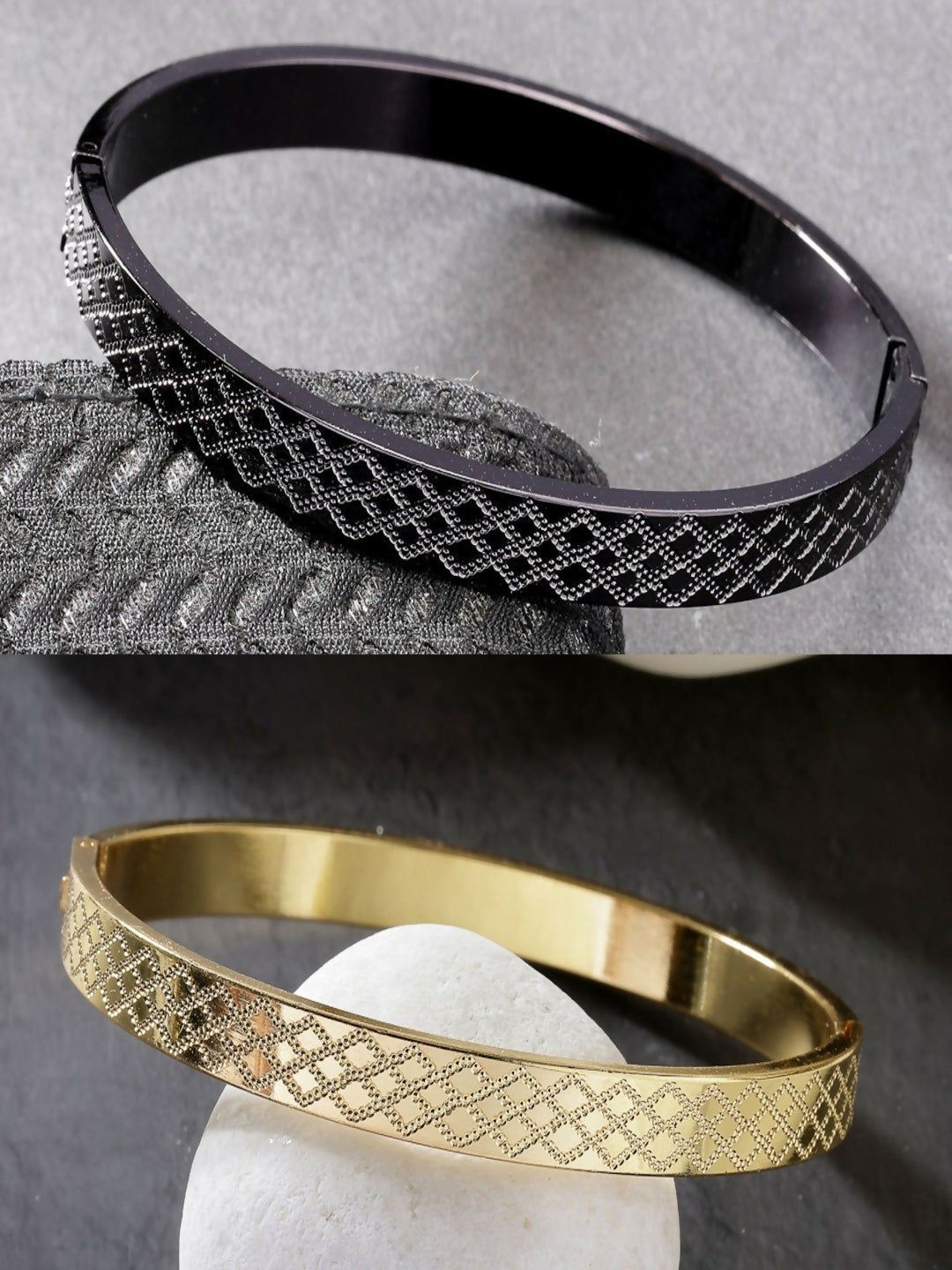 NVR Men's Set of 2 Gold & Black Rhodium-Plated Stainless Steel Kada Bracelet