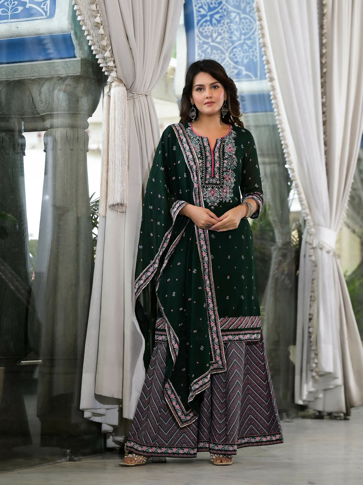Juniper Women's Green Floral Printed Georgette Kurta Sharara & Dupatta Set With Sequins