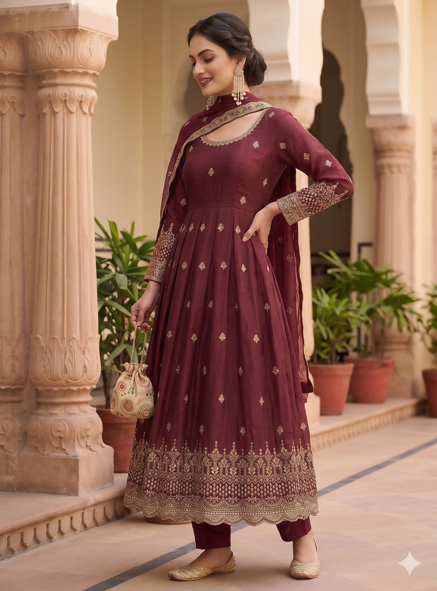 Teeya Creation Womens New Regal Maroon Embroidered Anarkali Gown Set