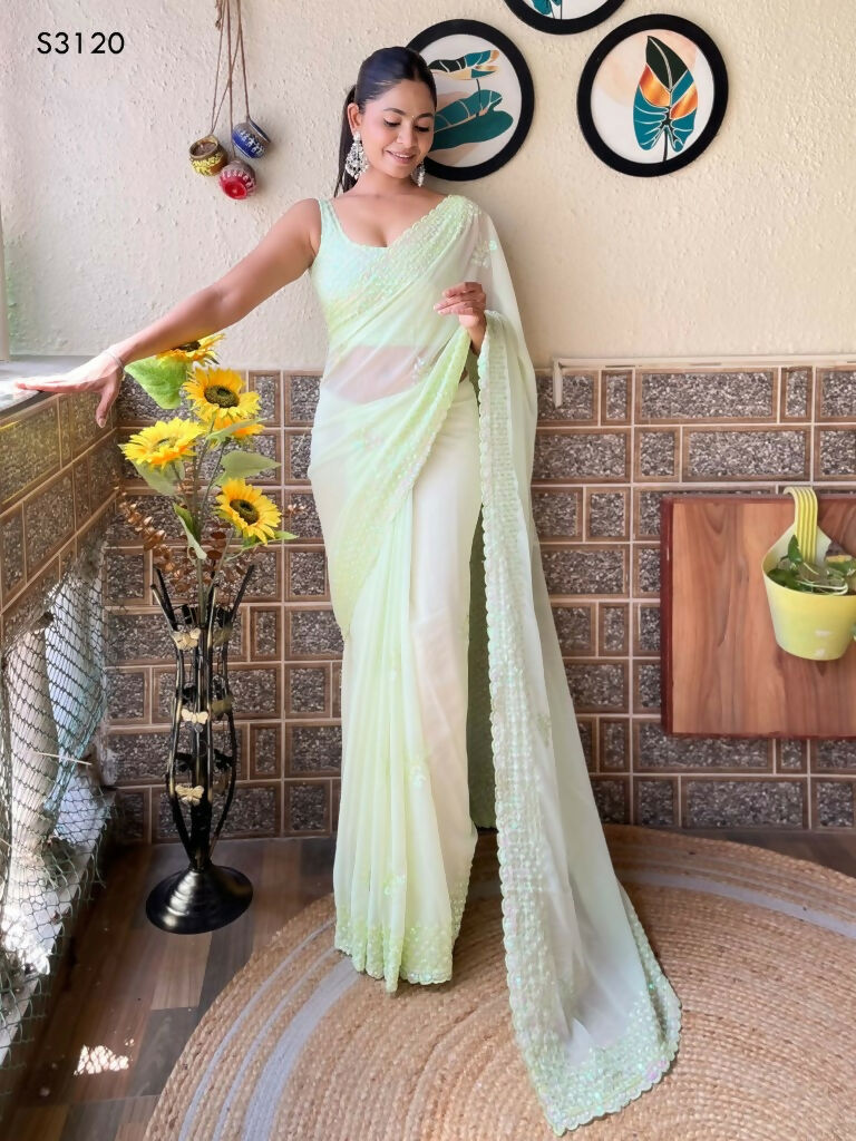 Green Georgette Sequence Embroidery Cut Work Saree - Saadia