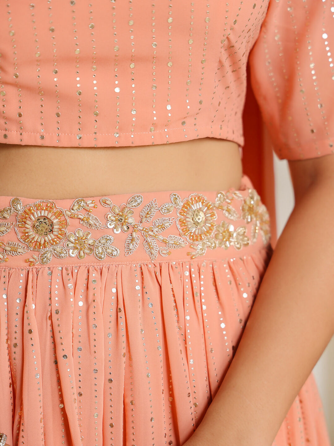 Janasya Peach Georgette Foil Print Lehenga Choli Dupatta 