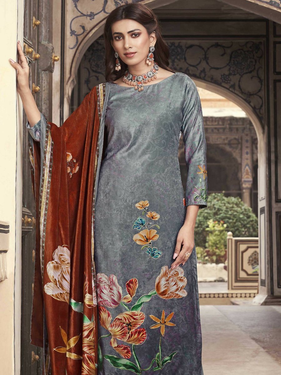 Aastha Fashion Women's Grey Velvet Floral Digital Printed Kurta with Trouser & Dupatta - Grab2buy