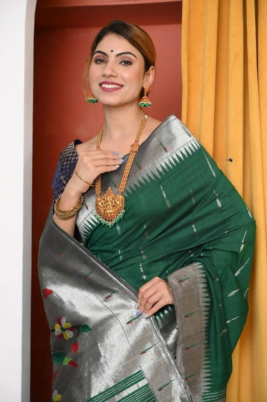 Very Much Indian Handloom Dark Green Muniya Border Cotton Paithani With Parrot Pallu - Grab2buy