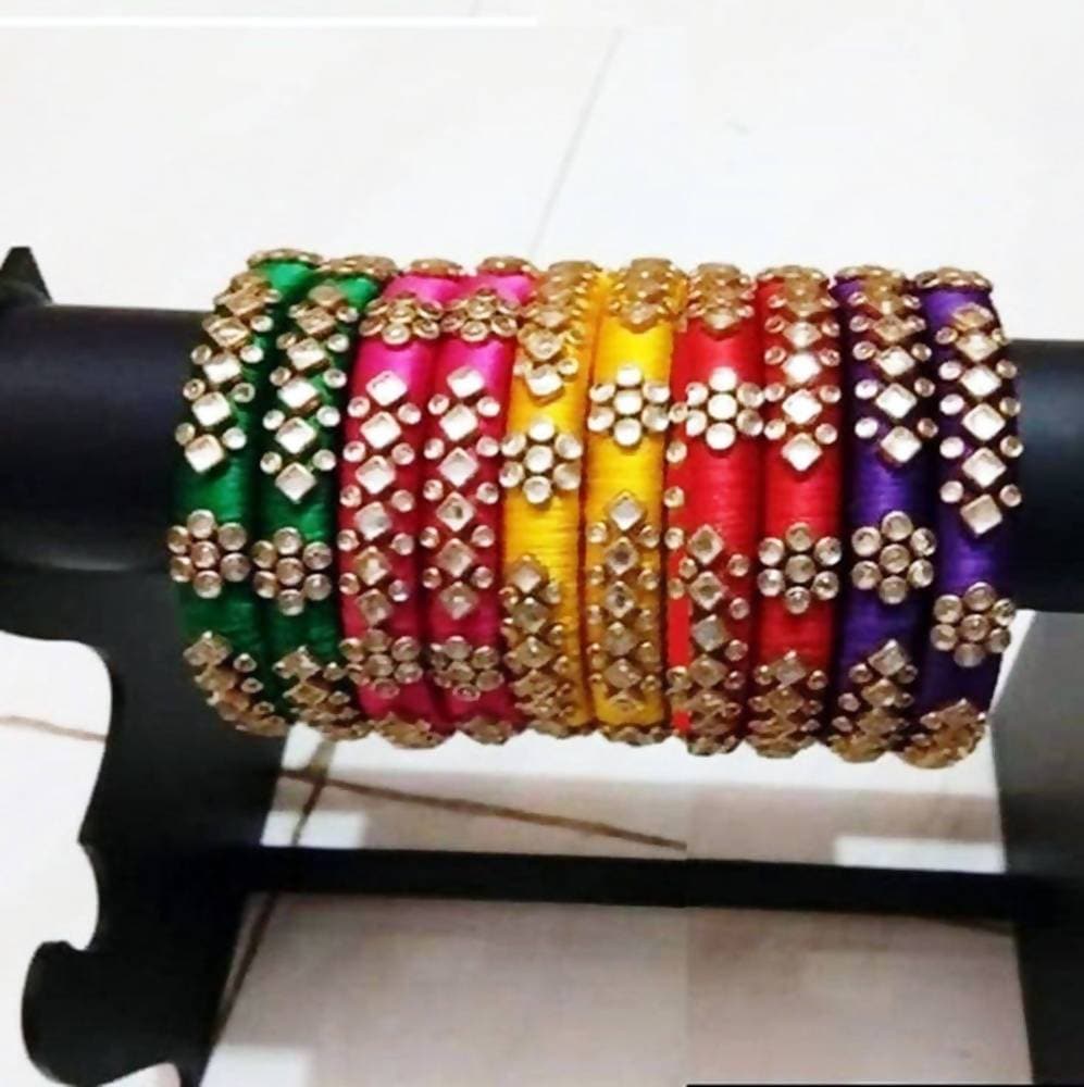 Multi Color Stoned Designer Silk Threaded Bangles Set of 5 
