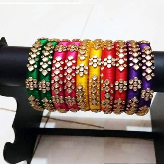 Multi Color Stoned Designer Silk Threaded Bangles Set of 5 