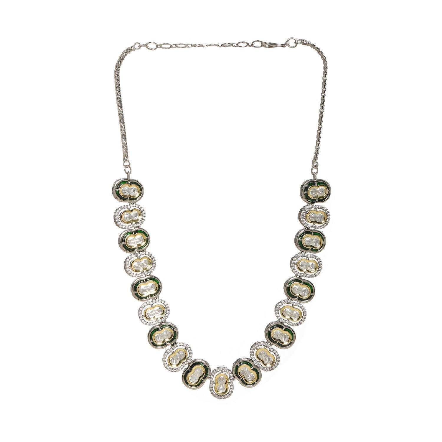 Mufli (peanut) Kundan Neckpiece with Meenakari and American Diamonds (Silver) - Ruby Raang | Swadesiicart