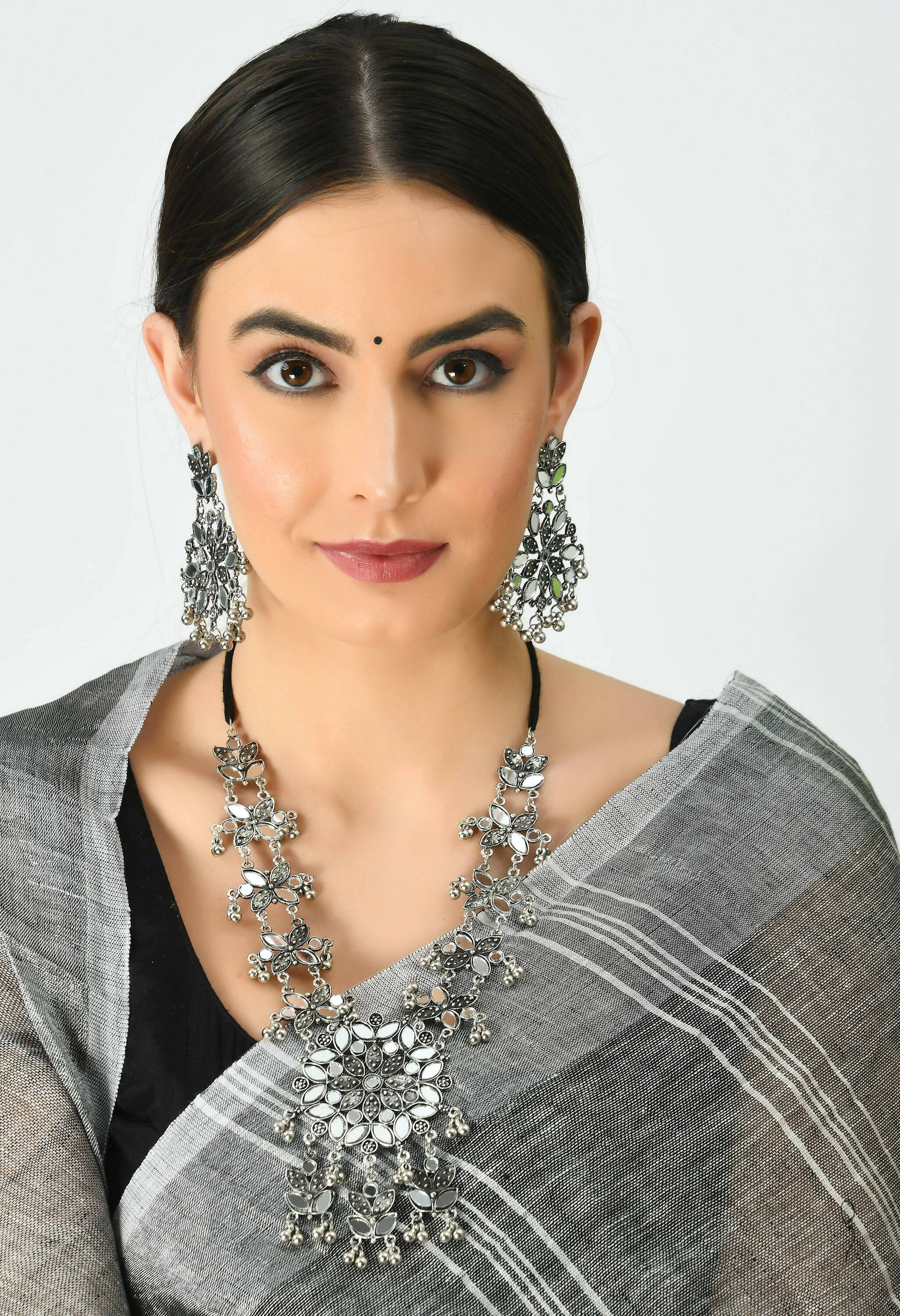 Mominos Fashion Johar Kamal Oxidised Silver-Plated Mirror Work Long Necklace Set - Grab2buy