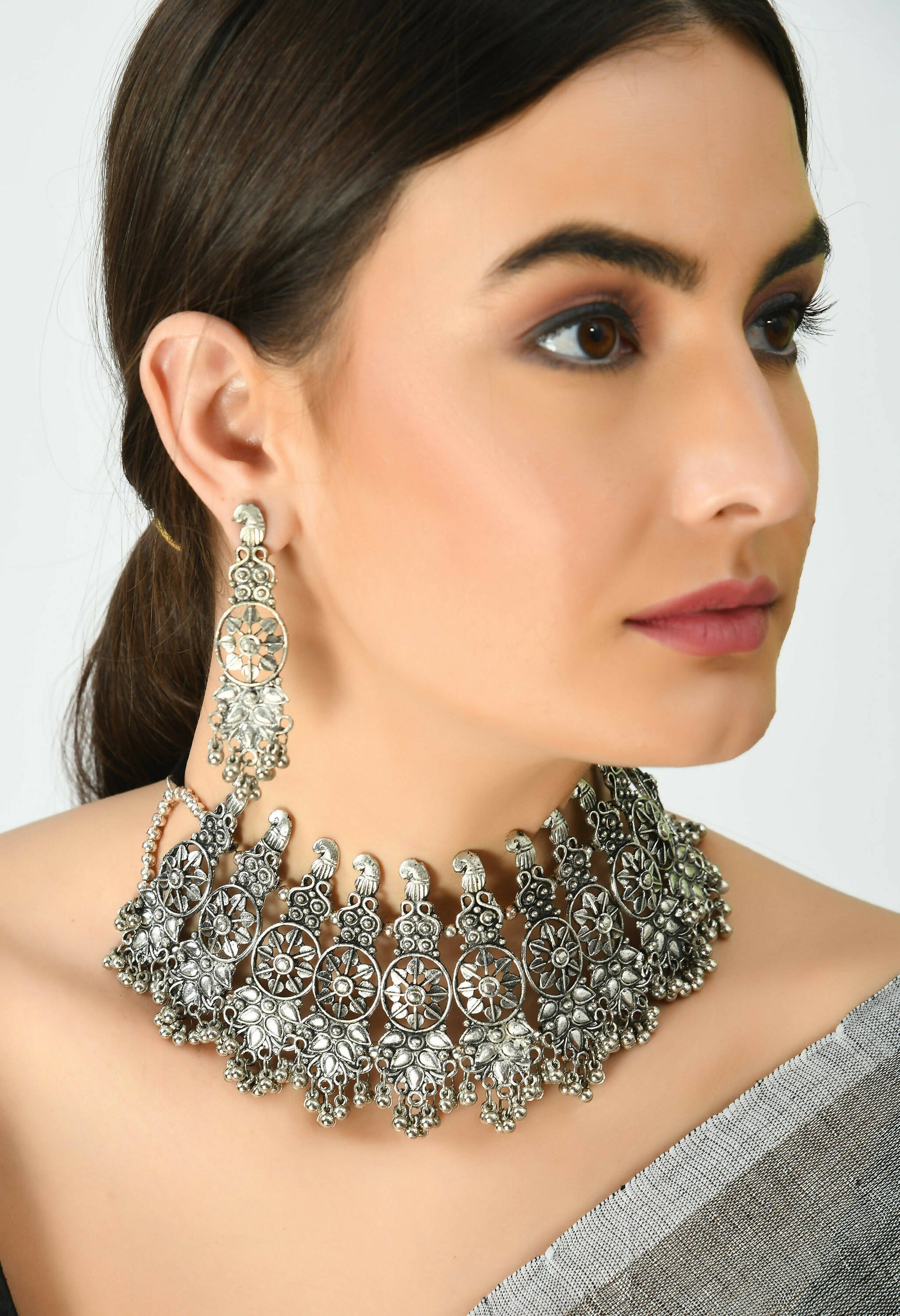 Mominos Fashion Johar Kamal Oxidised Silver-Plated Brass Finish Temple Jewellery with Earrings For Women - Grab2buy