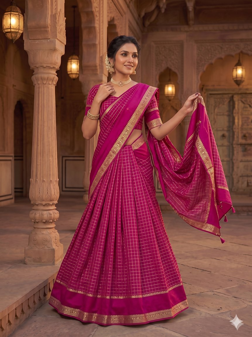 Teeya Creation New South Indian Silk Checked Half Saree Lehenga Choli with Zari Border-Rani-Pink