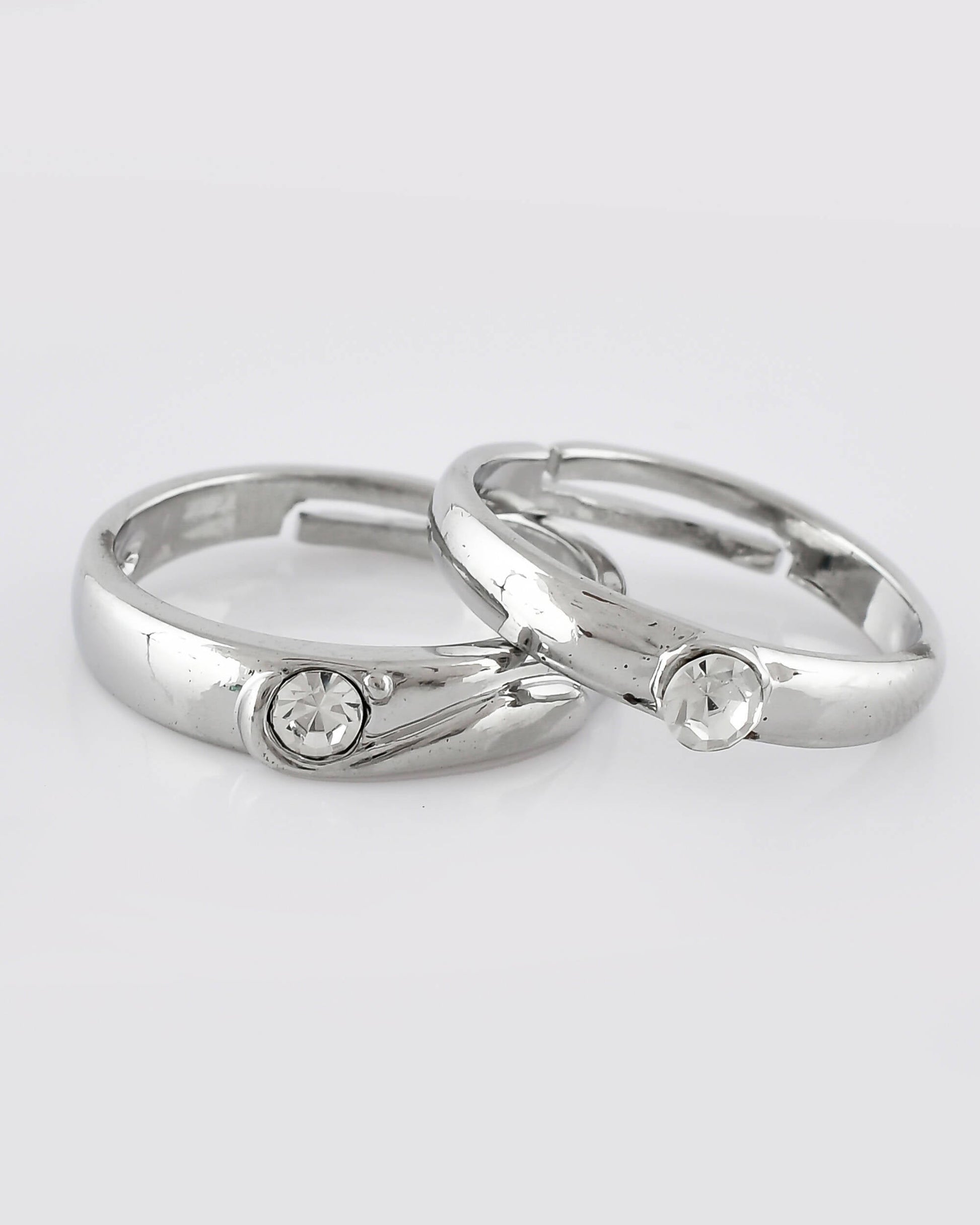 VOJ Stainless Steel Cubic Zirconia Silver Plated Adjustable Ring Set for Couple 