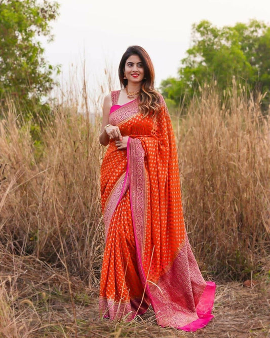 DEIANA'S Beautiful Designer Golden zari Soft Lichi Silk Saree - Orange