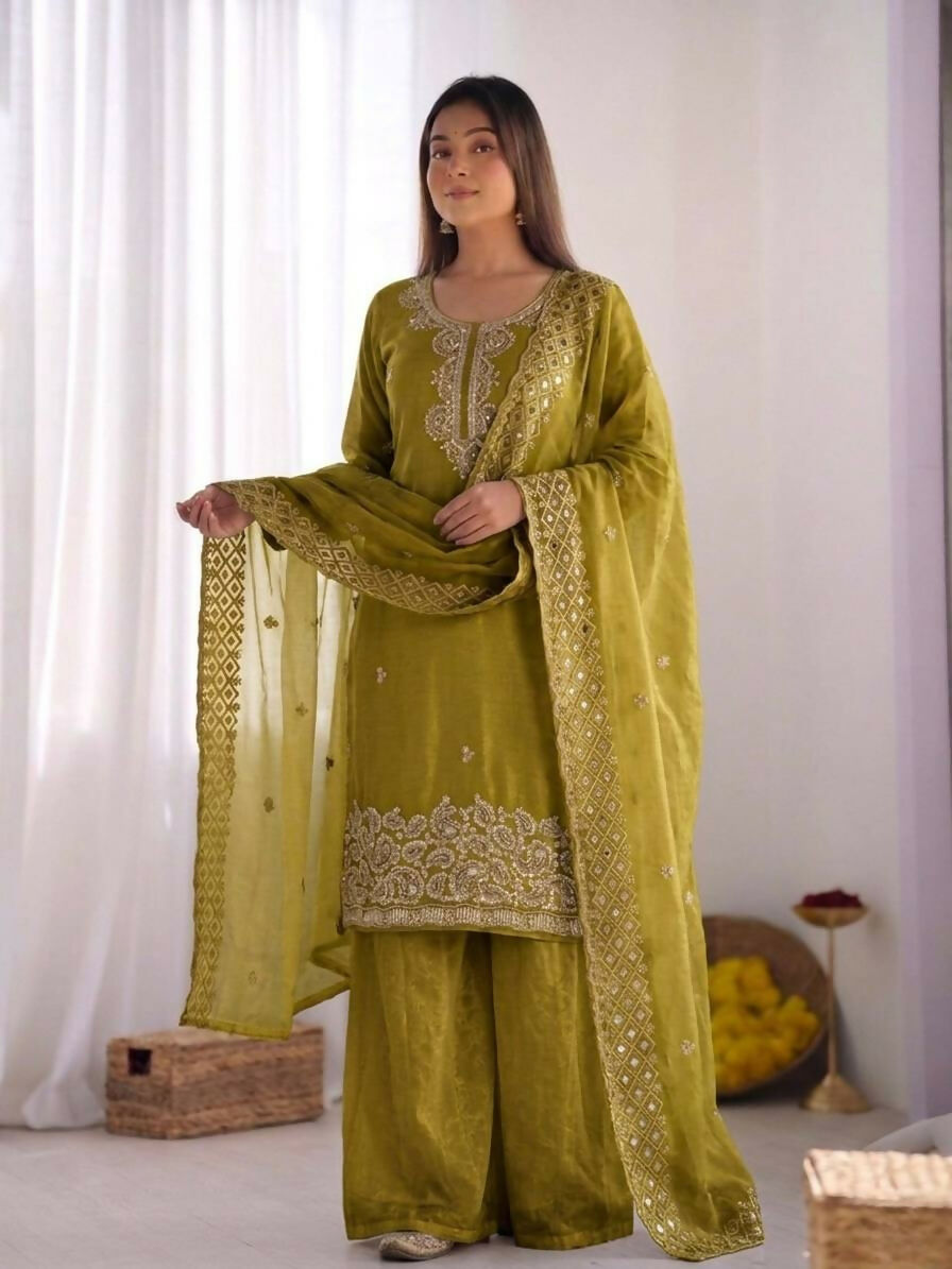 Teeya Creation Womens New Trendy Stylish Embroidery Beads Work Palazzo Kurta Set -Olive