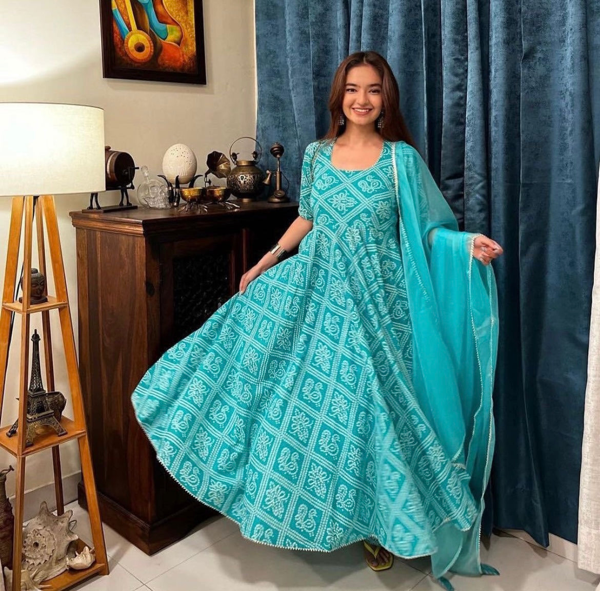 Pomcha Jaipur Bandhej Blue Cotton Anarkali Set 