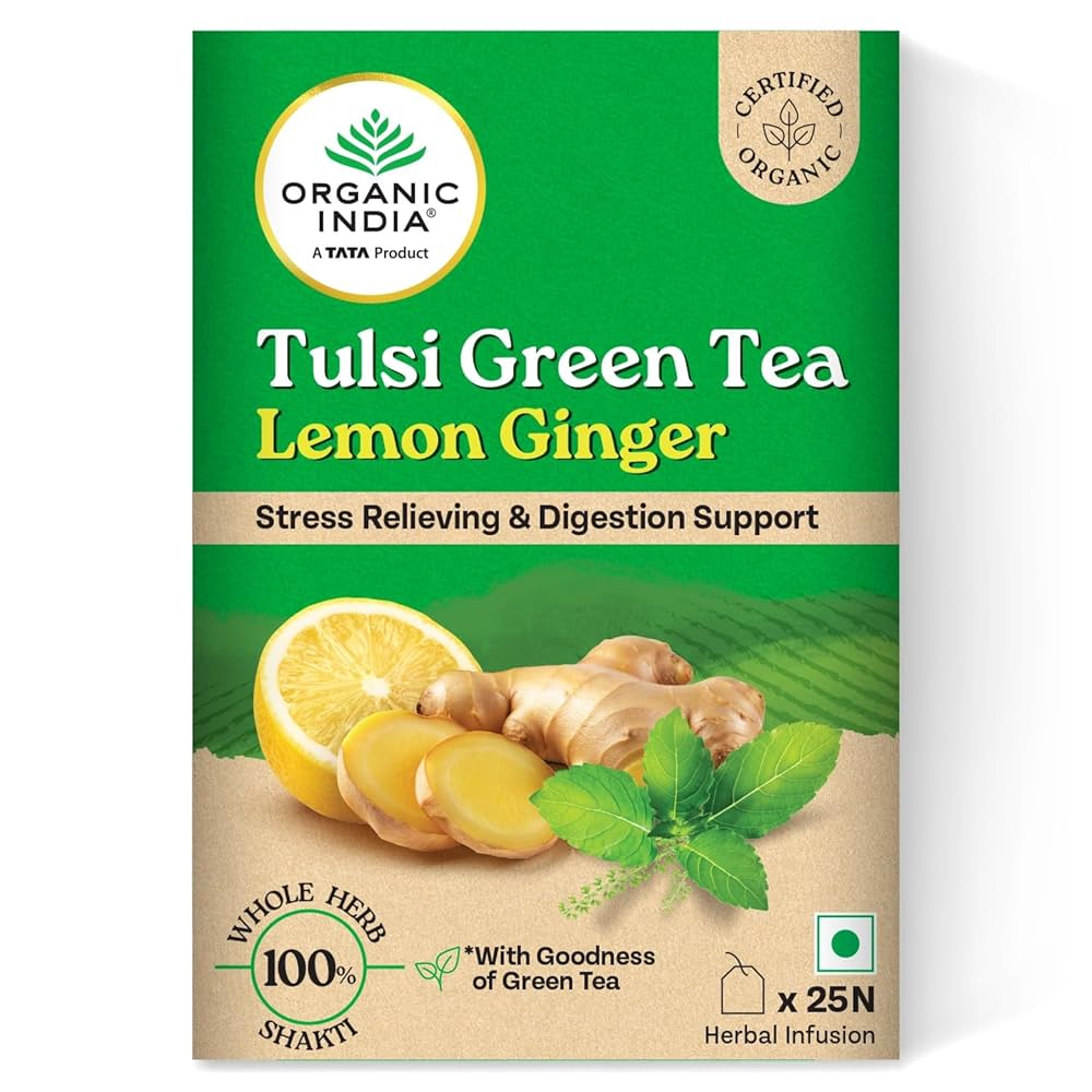 Organic India Tulsi Green Tea Lemon Ginger 25 Tea Bags 