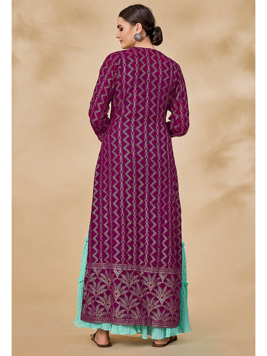Myra Wine Jacket Style Sharara Suit 