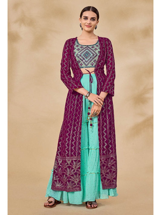 Myra Wine Jacket Style Sharara Suit 