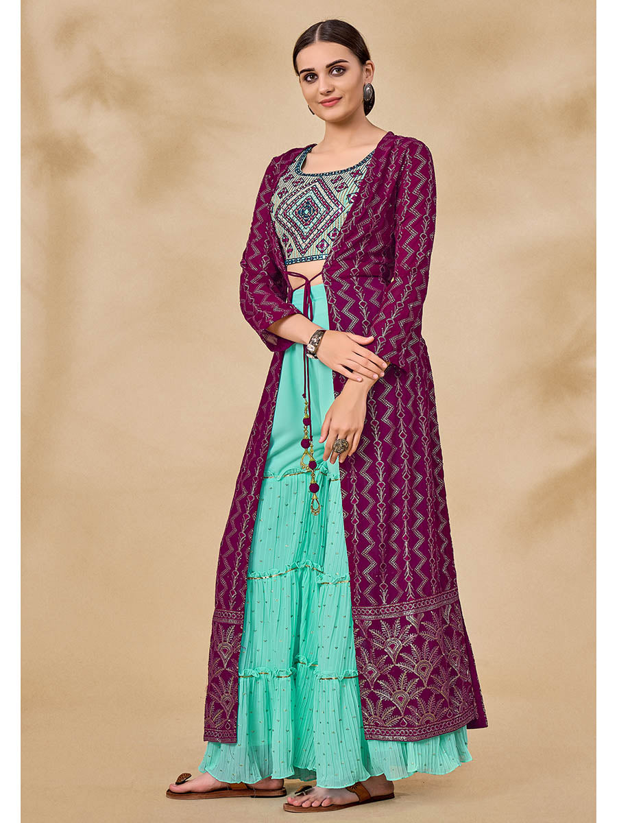 Myra Wine Jacket Style Sharara Suit 