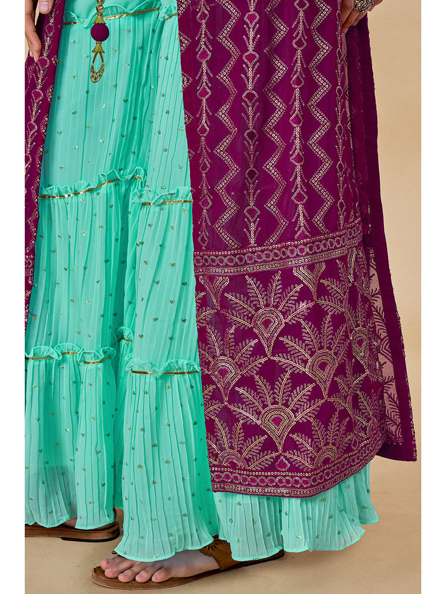 Myra Wine Jacket Style Sharara Suit 