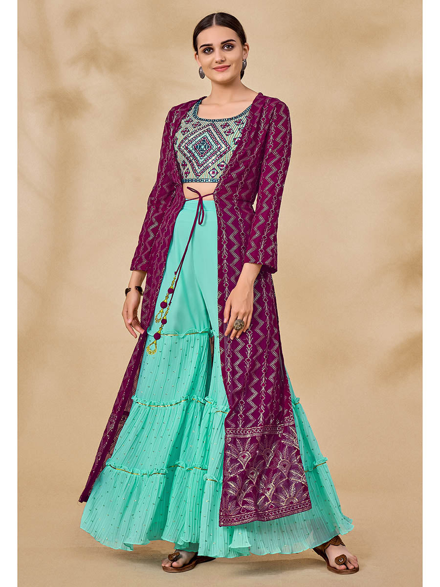 Myra Wine Jacket Style Sharara Suit 