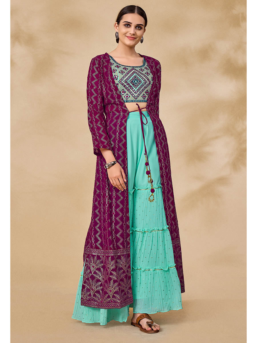 Myra Wine Jacket Style Sharara Suit 