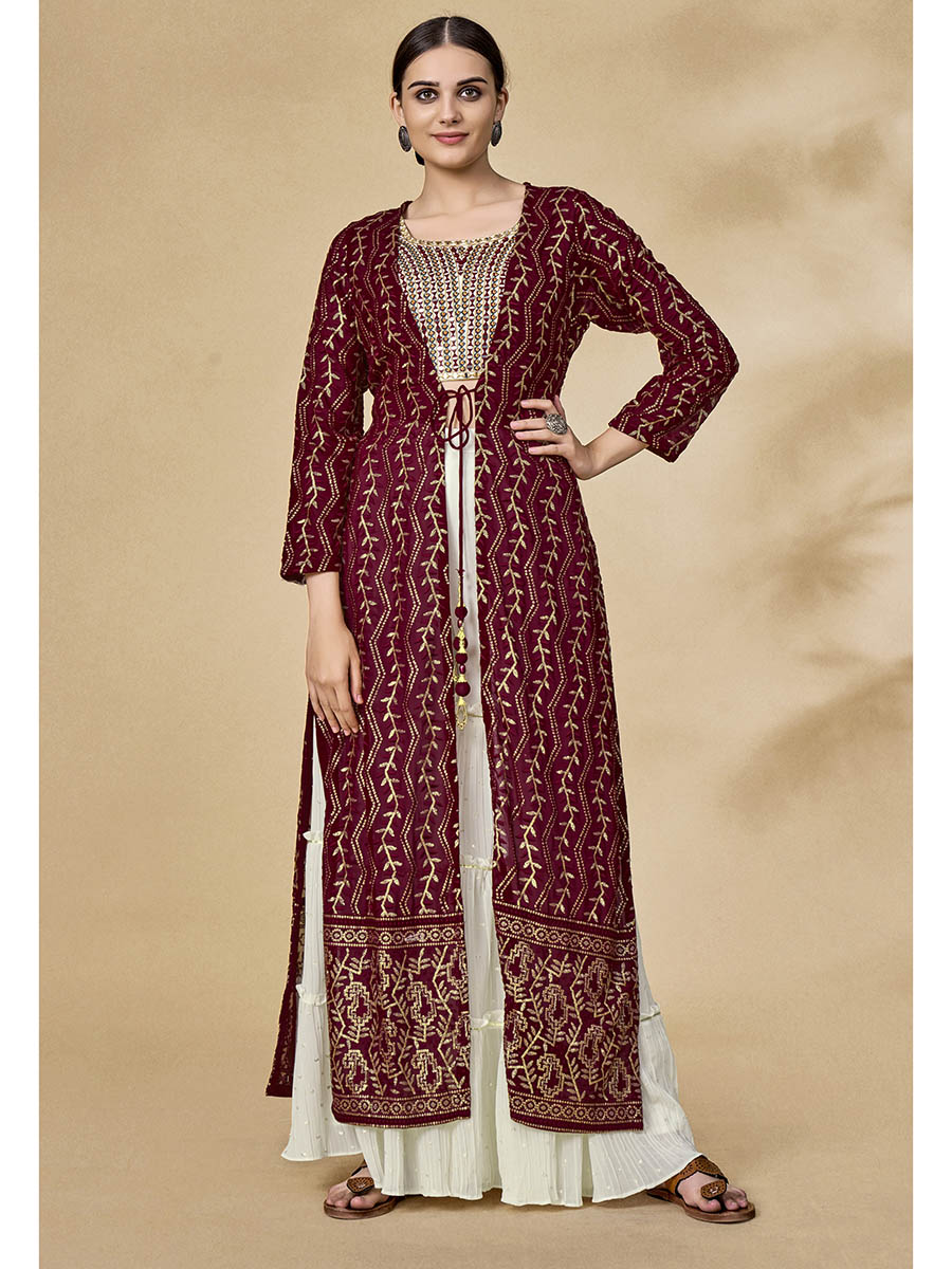 Myra Maroon Jacket Style Sharara Suit 