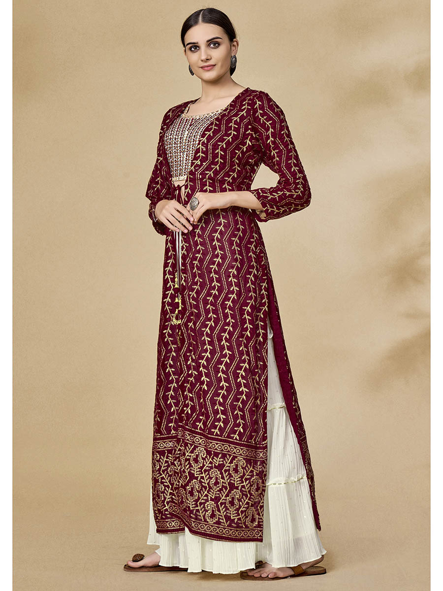 Myra Maroon Jacket Style Sharara Suit 