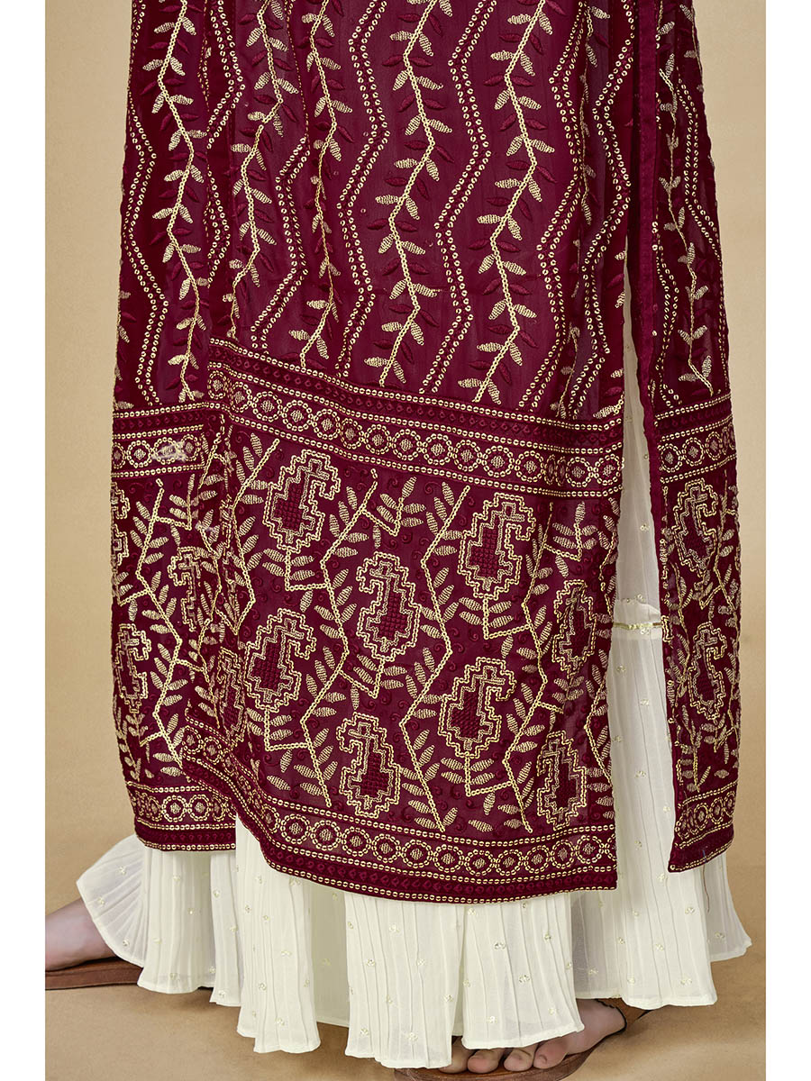 Myra Maroon Jacket Style Sharara Suit 