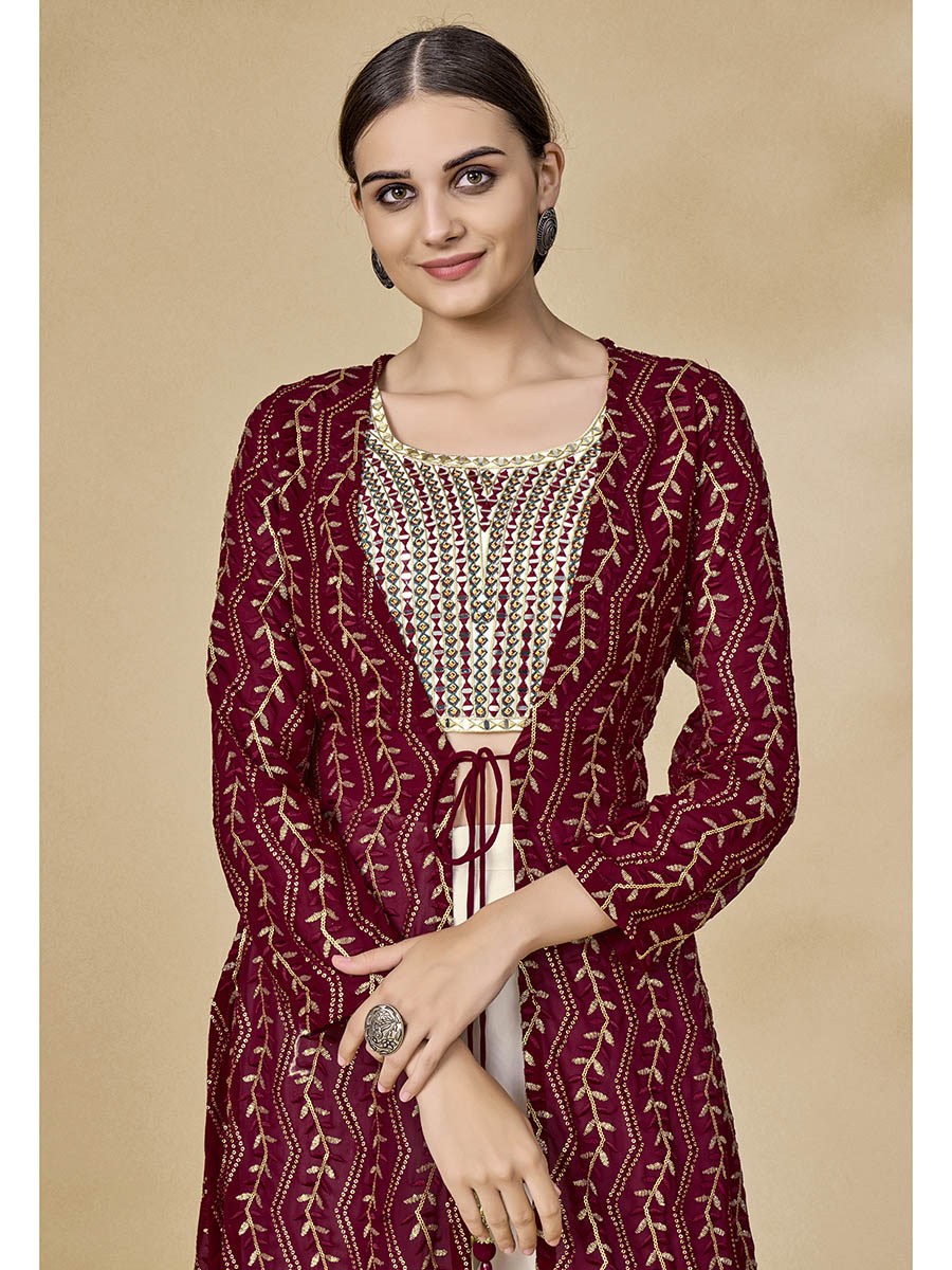 Myra Maroon Jacket Style Sharara Suit 
