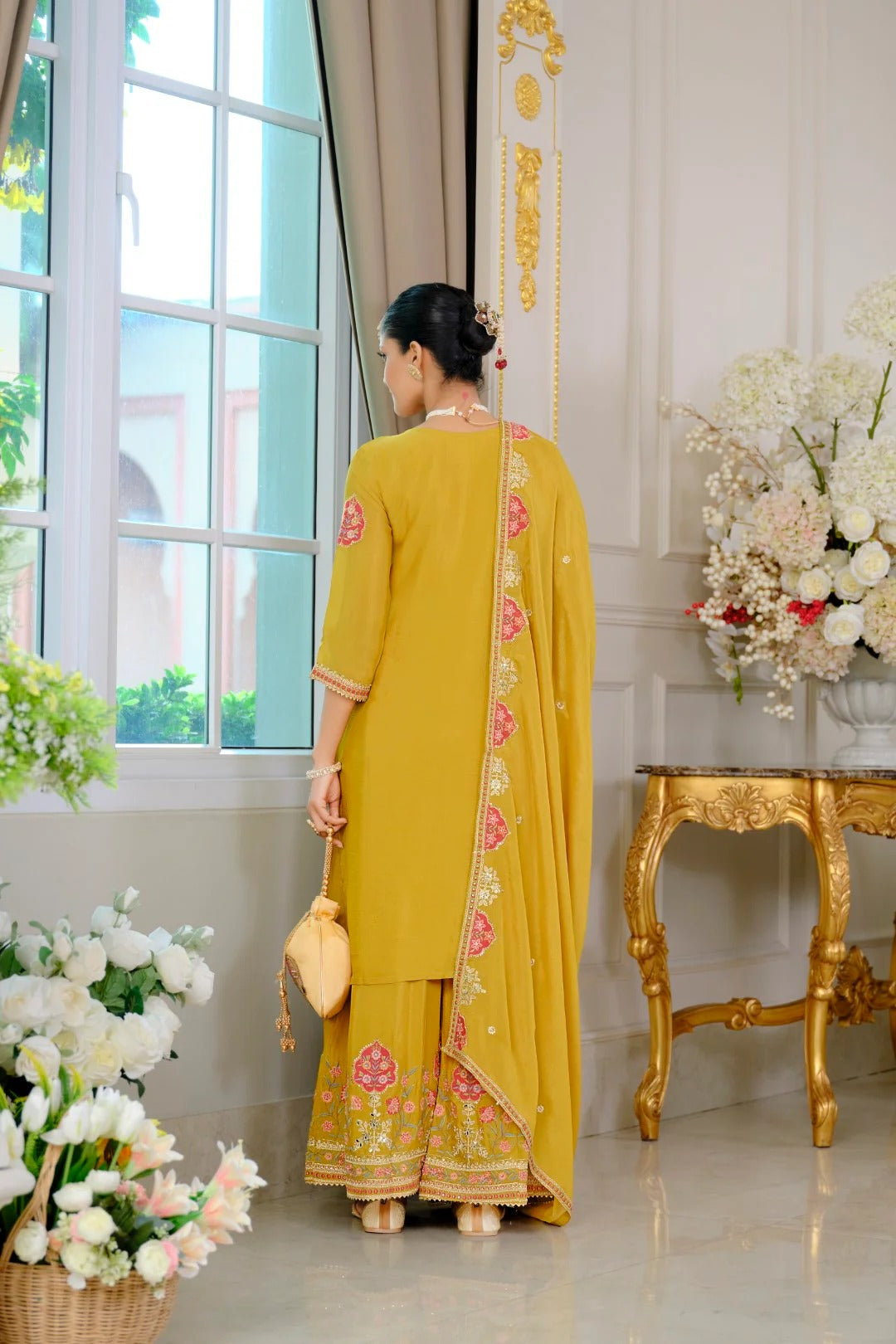 Evanik Luxury Wedding Yellow Embroidered Kurta Palazzo Set