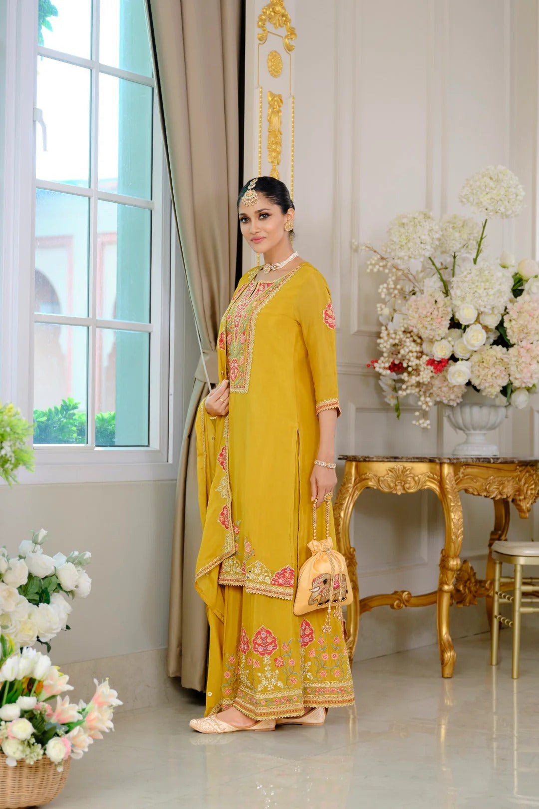 Evanik Luxury Wedding Yellow Embroidered Kurta Palazzo Set