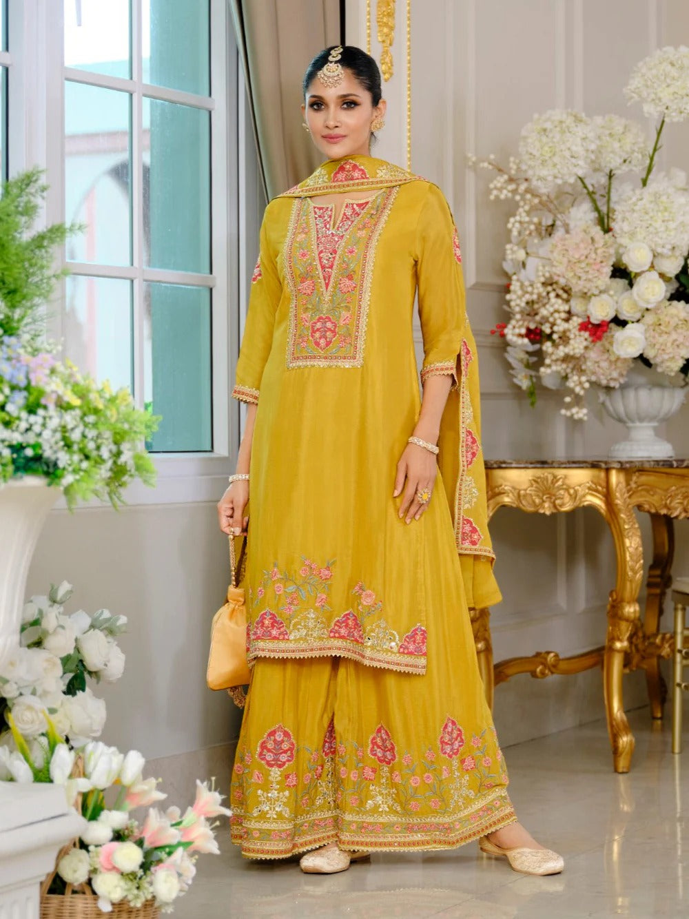 Evanik Luxury Wedding Yellow Embroidered Kurta Palazzo Set