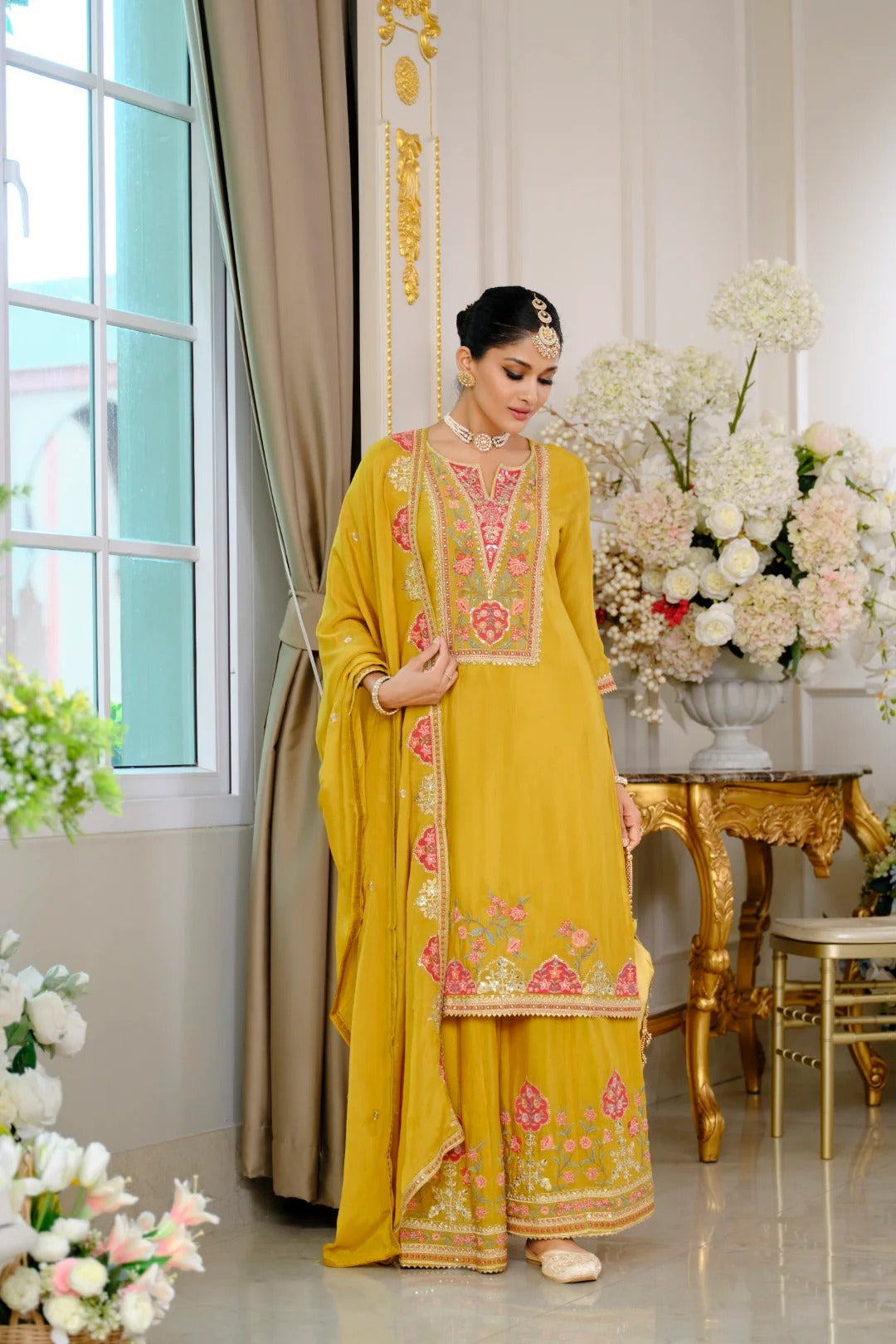 Evanik Luxury Wedding Yellow Embroidered Kurta Palazzo Set